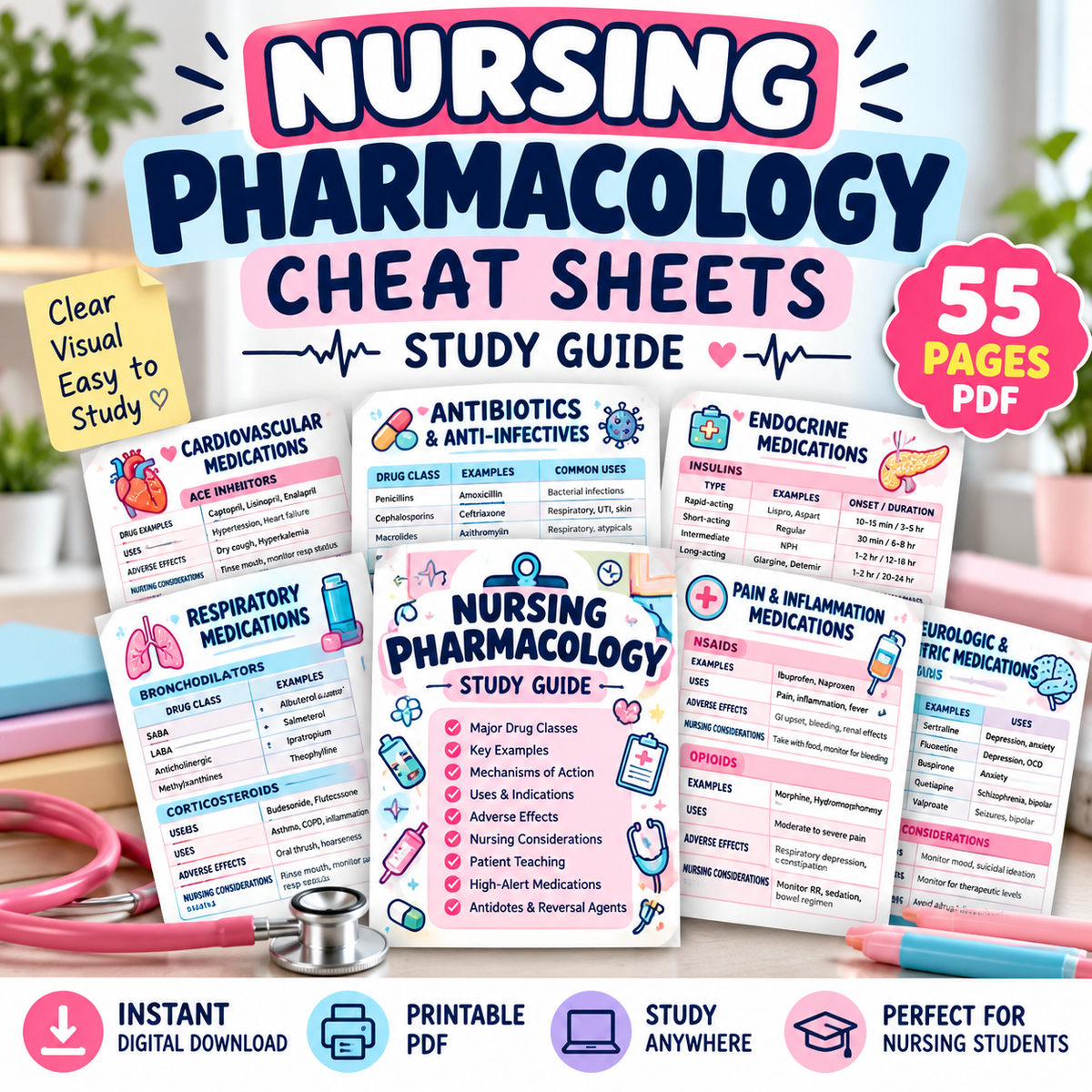 Nursing pharmacology cheat sheets 55-page study guide PDF for nursing students