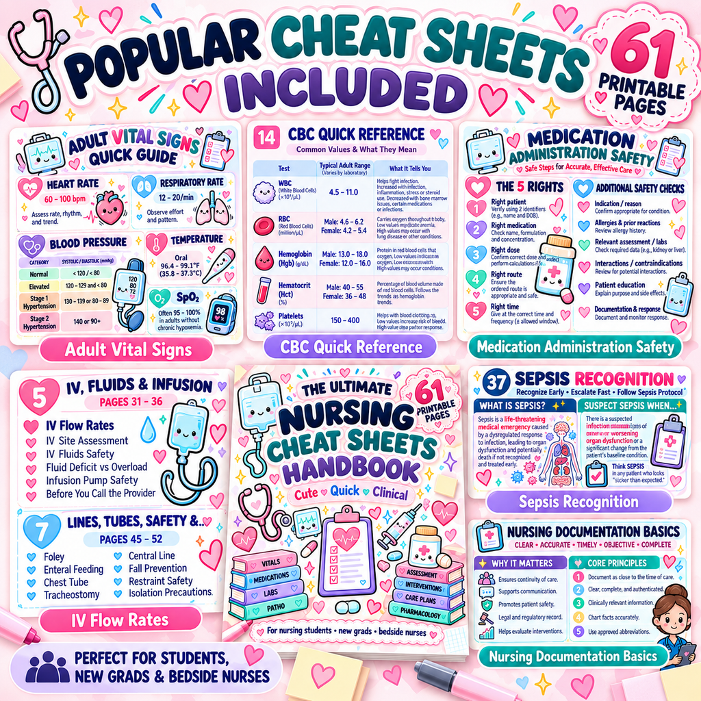 Popular nursing cheat sheets included for vital signs labs medications and clinical review