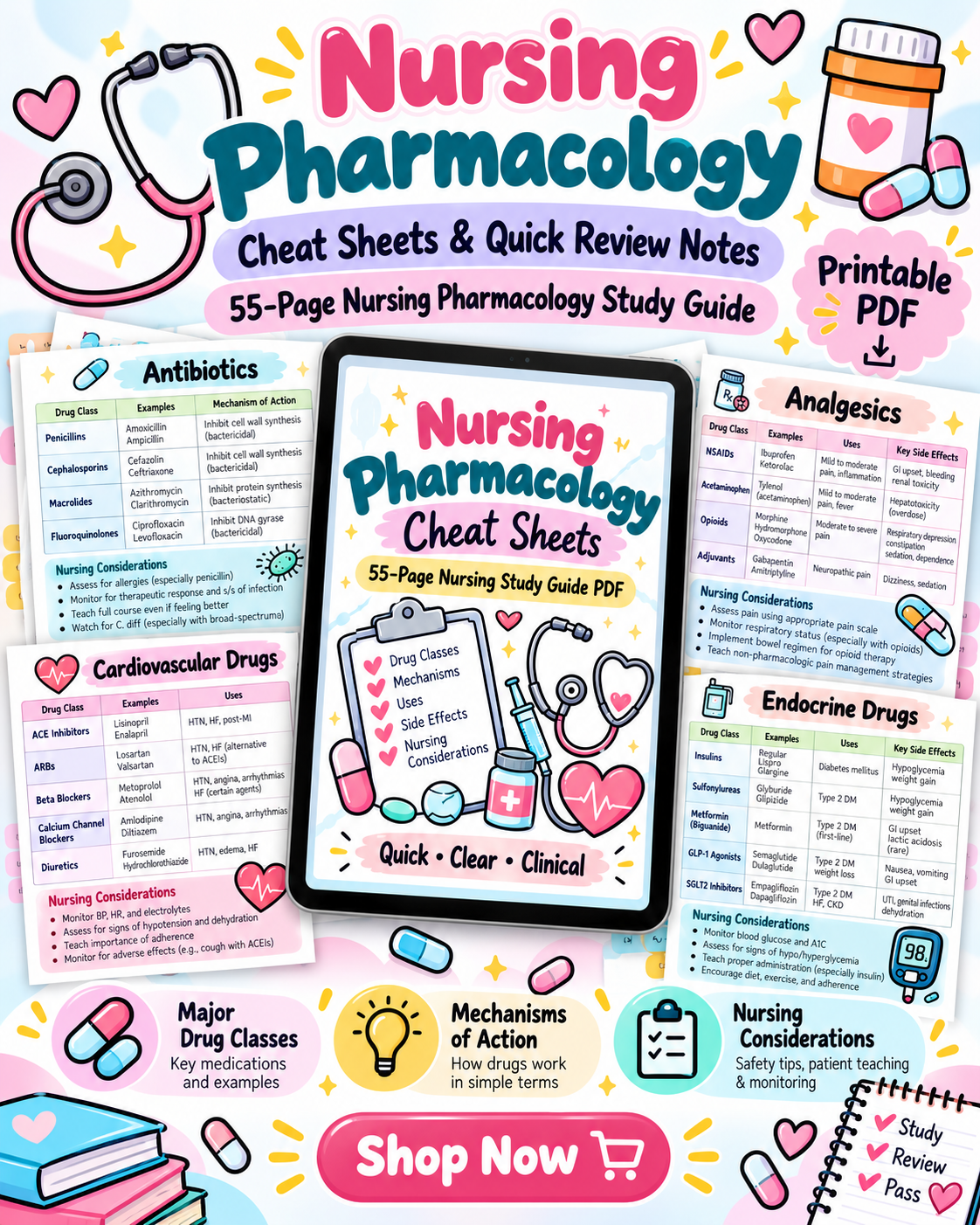 Printable nursing pharmacology cheat sheets for medication review and nursing school study