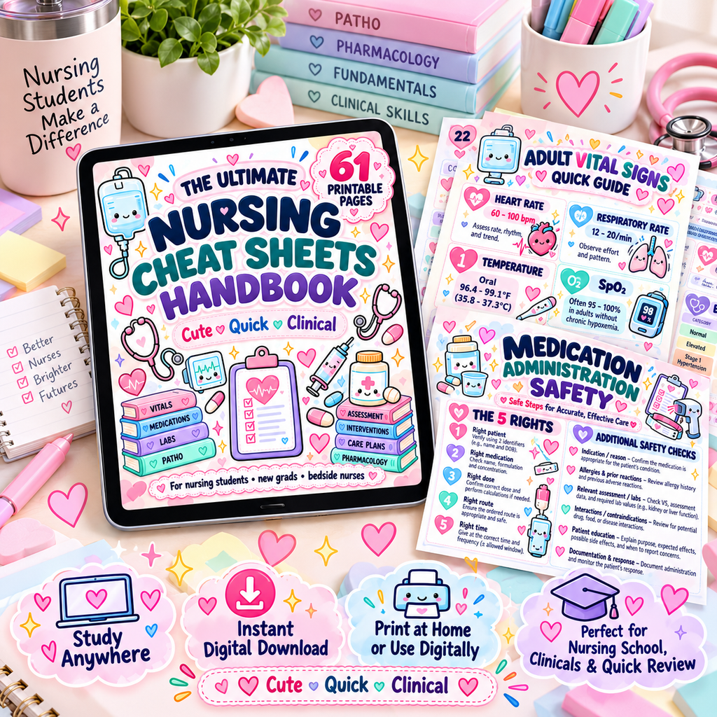 Digital nursing cheat sheets bundle shown as printable and digital study resources
