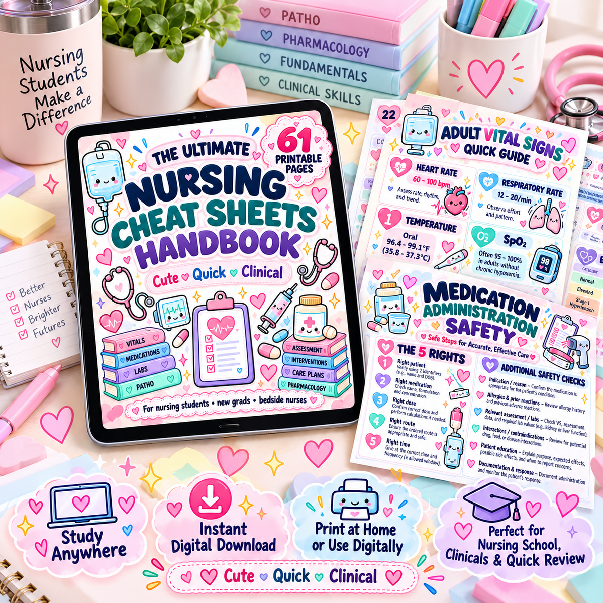 Nursing Cheat Sheets Bundle | 61-Page Nursing Study Guide PDF
